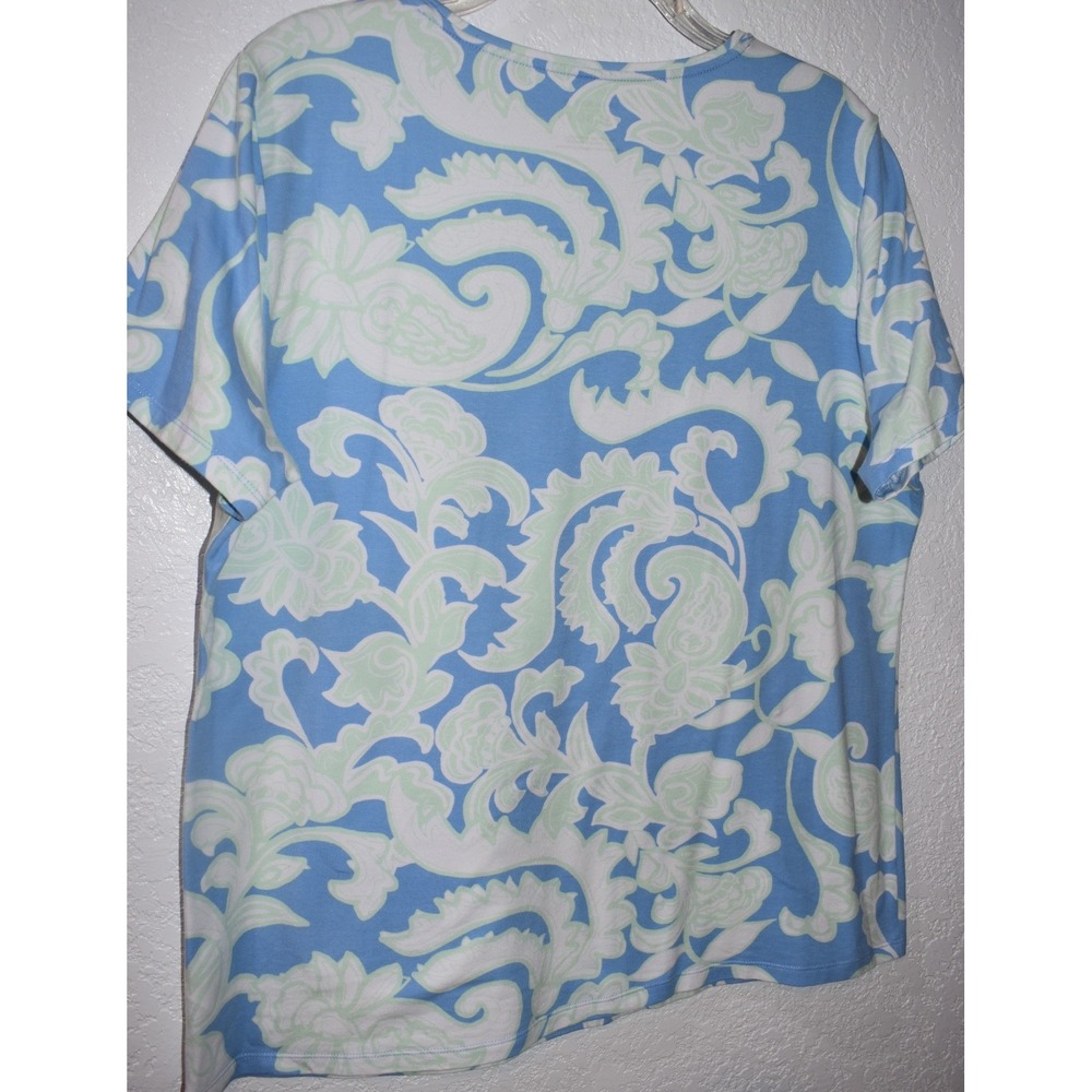 Talbots Tee XL Stretch Top Blue Mint Green Paisley Floral Short Slv Pullover - Picture 10 of 16